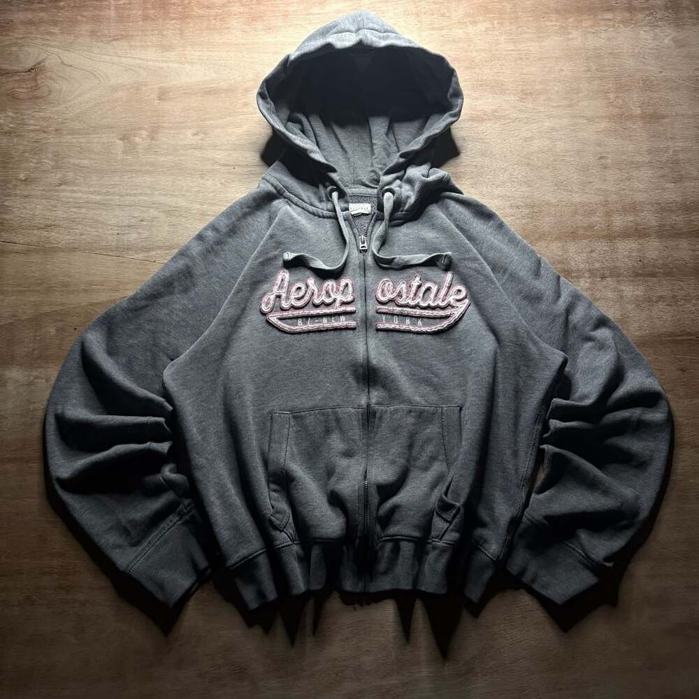 Aeropostale XL Y2K Style Full Zip Hoodie Gray Embroidered Logo Distressed